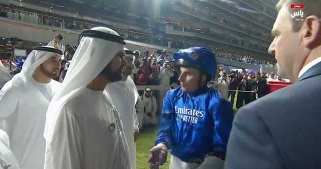 محمد بن راشد يهنئ الفارس ويليم بيوك بفوزه بلقب الشوط الثامن في «كأس دبي العالمي»
