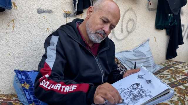 شاهد.. داخل خيمة نزوح برفح.. باسل المقوسي: أرسم من أجل إنسانيتي