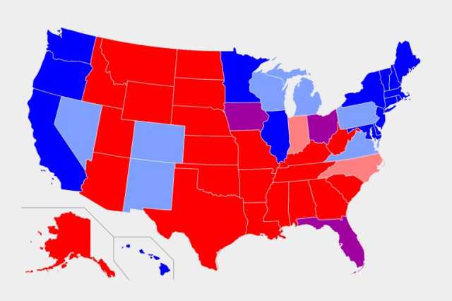 قصة تقسيم أميركا إلى ولايات زرقاء وحمراء وأخرى أرجوانية