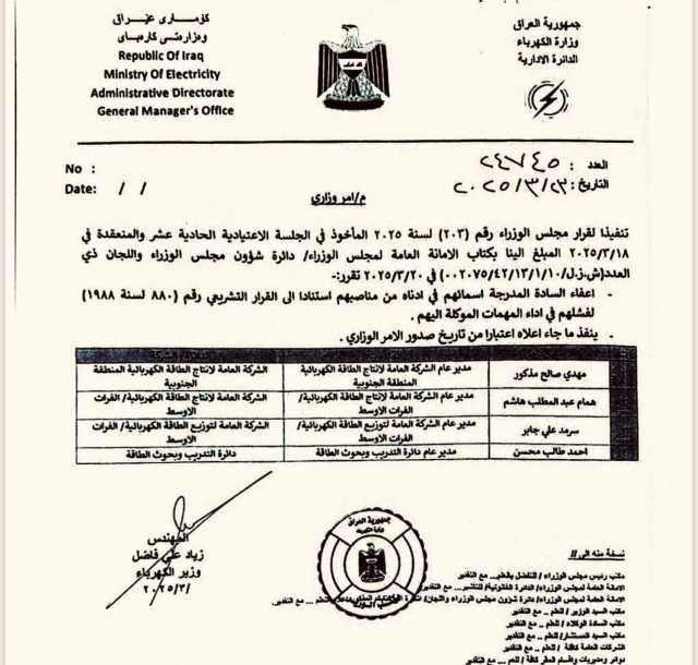 لفشلهم في أداء المهام الموكلة إليهم.. وزير الكهرباء يعفي 4 مديرين عامين