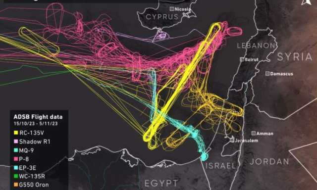 خريطة مثيرة تظهر تحرك طيران التجسس الأمريكي منذ بداية طوفان الاقصى