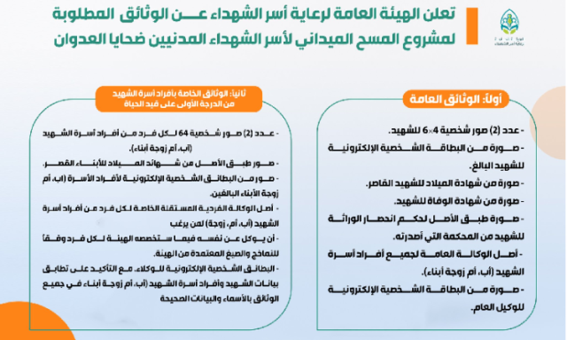 الوثائق المطلوبة لمشروع مسح أسر الشهداء المدنيين