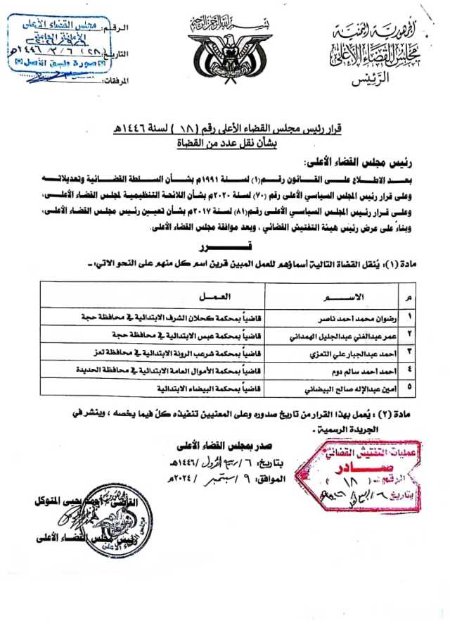 مجلس القضاء الاعلى يقر نقل عدد من القضاة .. (اسماء)