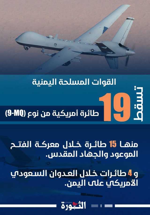 اليمن يسقط 19 طائرة أمريكية من نوع (MQ-9) .. انفوجراف