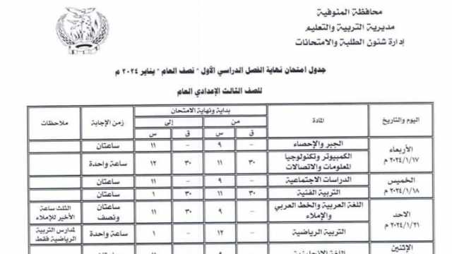 جدول امتحانات الشهادة الإعدادية 2024 في المنوفية.. تستمر 8 أيام