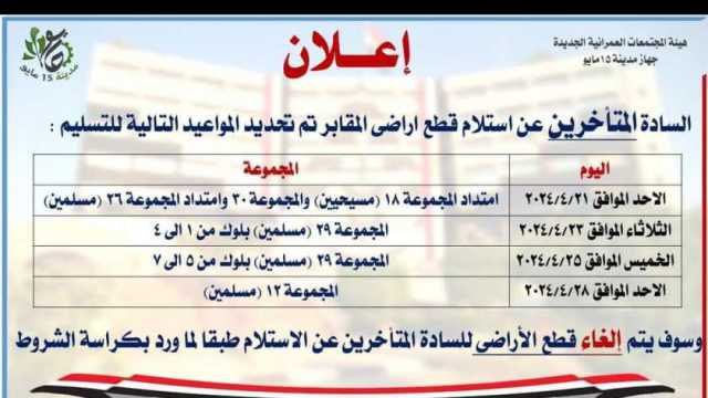 «الإسكان»: تسليم أراضي مدافن 15 مايو للمتأخرين 21 أبريل