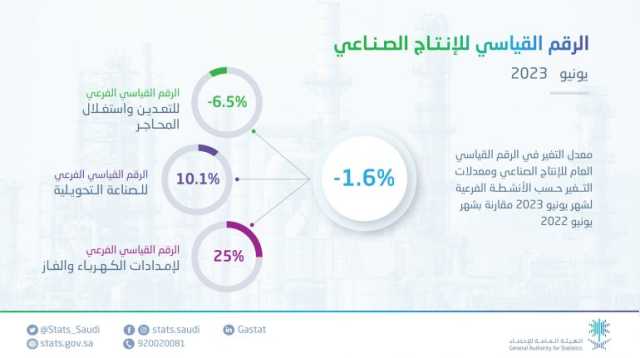 الهيئة العامة للإحصاء تُصدر نشرة مؤشر الرقم القياسي للإنتاج الصناعي لشهر يونيو 2023