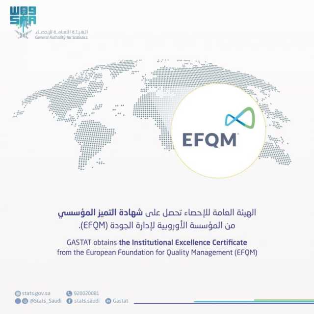 الهيئة العامة للإحصاء تحصل على شهادة التميز المؤسسي الأوروبي (efqm)