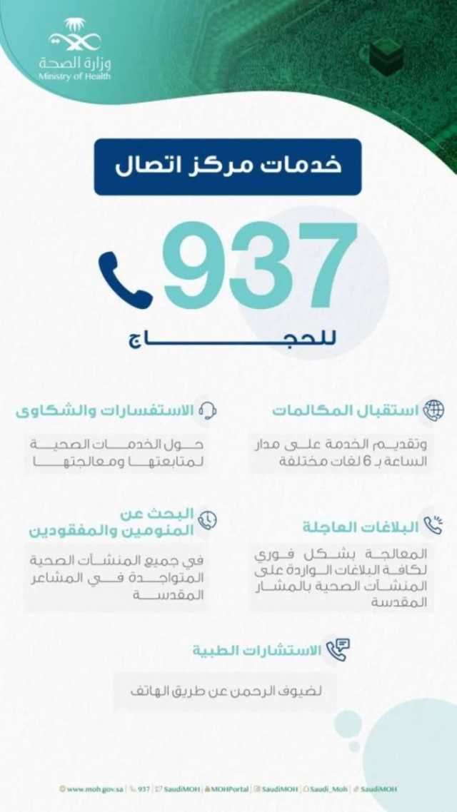 “الصحة”: اكتمال جاهزية مركز الاتصال “937” لخدمة ضيوف الرحمن بموسم الحج