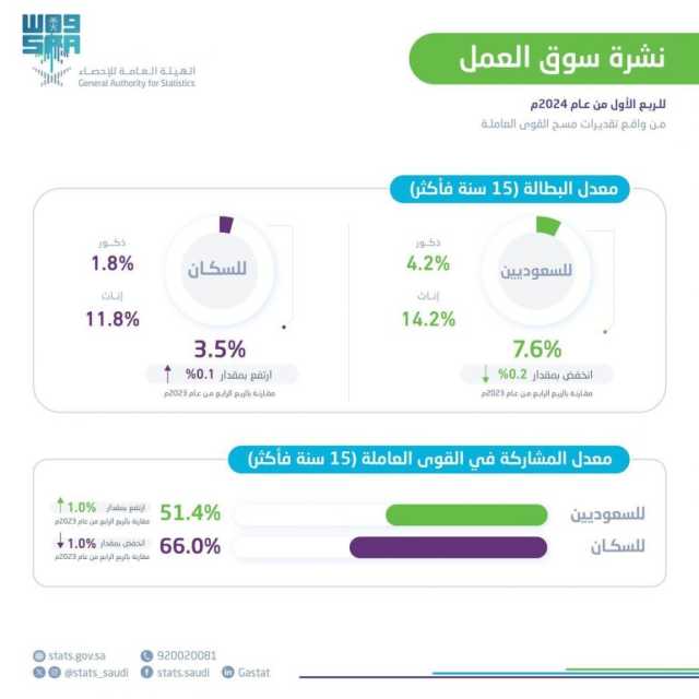 “الإحصاء”: انخفاض معدل البطالة لإجمالي السعوديين إلى 7.6% في الربع الرابع من 2024