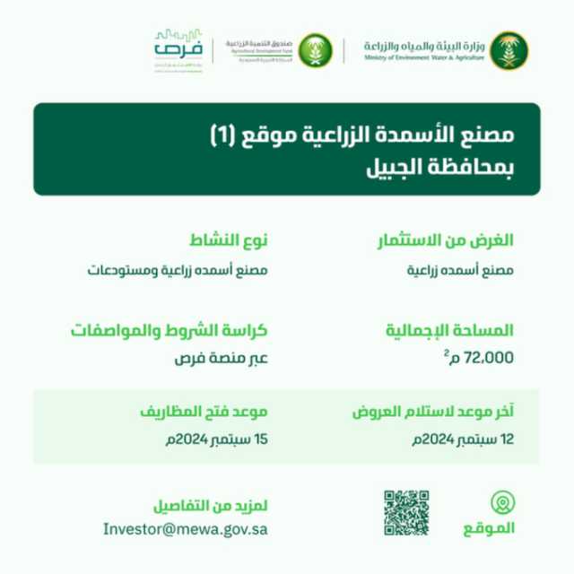 لتحقيق الأمن الغذائي.. “البيئة” تطرح مشروعين لتصنيع الأسمدة الزراعية في الجبيل بمساحة 128 ألف م²