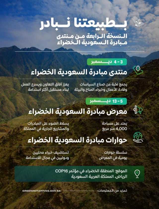 الرياض تستضيف النسخة الرابعة من منتدى مبادرة السعودية الخضراء في المنطقة الخضراء بمؤتمر COP16 ديسمبر المقبل