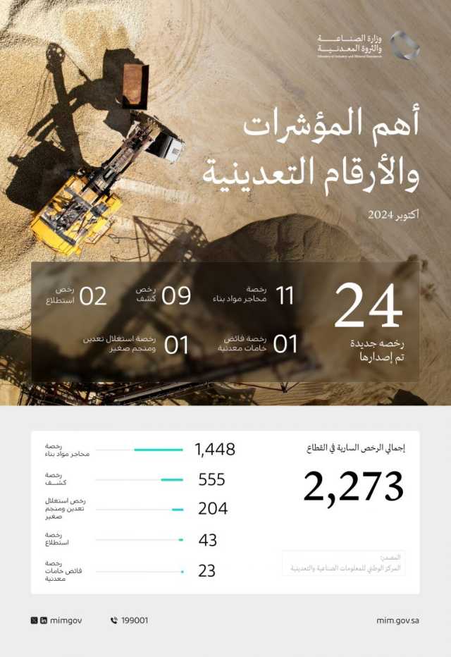 “الصناعة”: إصدار 24 رخصة تعدينية خلال أكتوبر 2024