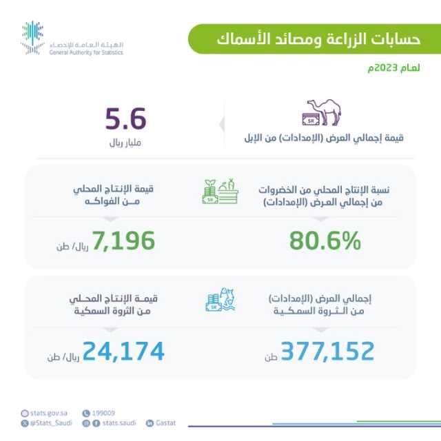 “الإحصاء”: المملكة تكتفي ذاتيًا من الخضراوات والفواكه بنسبتَي 80.6 % و63.7 % على التوالي خلال 2023م