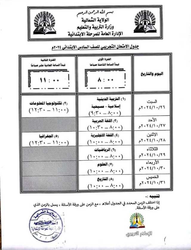 بدء الامتحانات النهائية للصفوف الابتدائية والمتوسطة في الولاية الشمالية