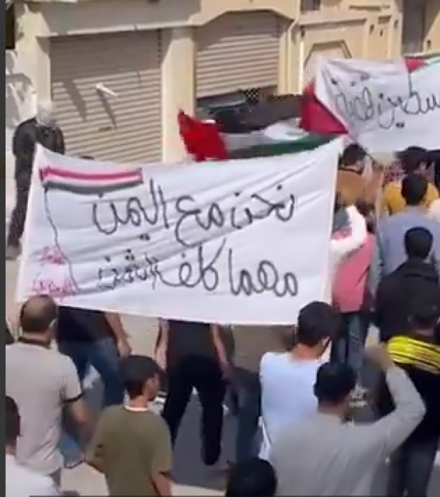 تظاهرة في البحرين دعماً لليمن وفلسطين ترفع هذا الشعار (فيديو)