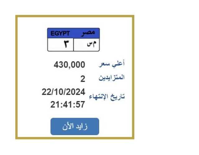 سعرها 430 ألف جنيها.. التزايد على لوحة سيارة مميزة تحمل رقم «م س 3»