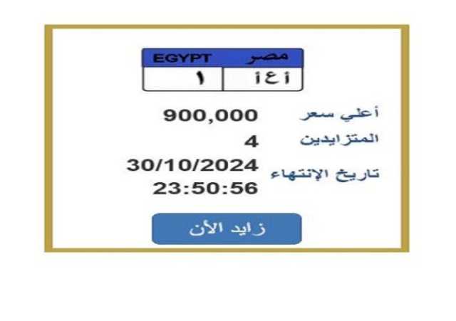 المزايدة تنتهي اليوم.. لوحة سيارة مميزة وصل سعرها 900 ألف جنيه