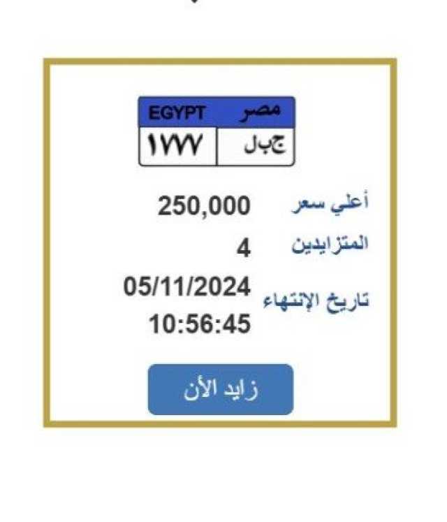 سعرها ربع مليون جنيه.. مزايدة على لوحة سيارة مميزة برقم «ج ب ل 1777»