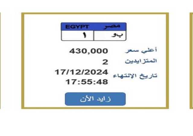 سعرها وصل لـ 430 ألف جنيه.. «المرور» تطرح لوحة سيارة مميزة للتزايد