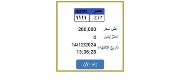 بعد وصول سعرها لـ260 ألف جنيه.. التزايد على لوحة سيارة مميزة ينتهي بعد ساعات