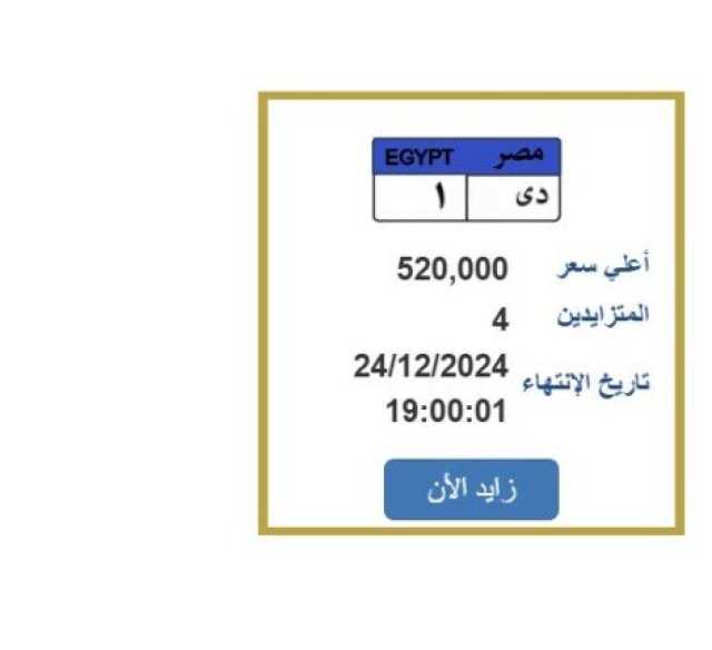 وصل سعرها 520 ألف جنيه.. طرح لوحة سيارة مميزة للمزايدة