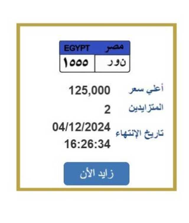 بسعر مميز.. التزايد على لوحة سيارة برقم «ن و ر 1555»