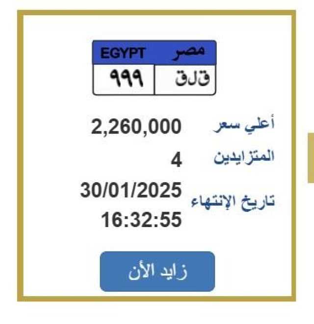 لوحات معدنية تتخطى حاجز المليون جنيه.. و8 أشخاص يتنافسون عليهم