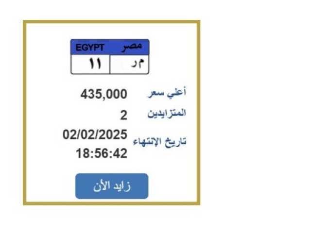 سعرها وصل لـ 435 ألف جنيه.. «م ر 11» لوحة سيارة مميزة ينتهي التزايد عليها غدا