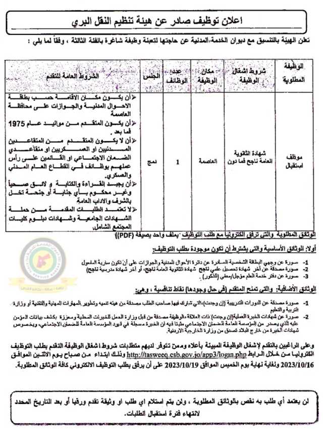 اعلان وظائف شاغرة بالفئة الثالثة صادرعن هيئة تنظيم النقل البري