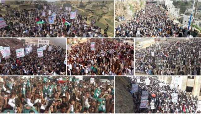 أبناء حجة يحتشدون في مسيرات كبرى دعماً وإسناداً للشعب الفلسطيني (صور+فيديو)