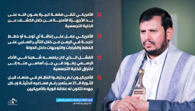 السيد عبدالملك بدرالدين الحوثي: الأمريكي تلقى صفعة كبيرة بعون الله على يد الأجهزة الأمنية من خلال الكشف عن الخلية التجسسية