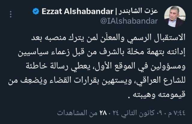 الشابندر: استقبال الزعماء السياسيين لمدان يعطي رسالة خاطئة