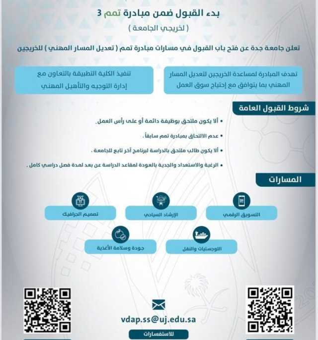 جامعة جدة: بدء القبول في مسارات مبادرة “تمم”