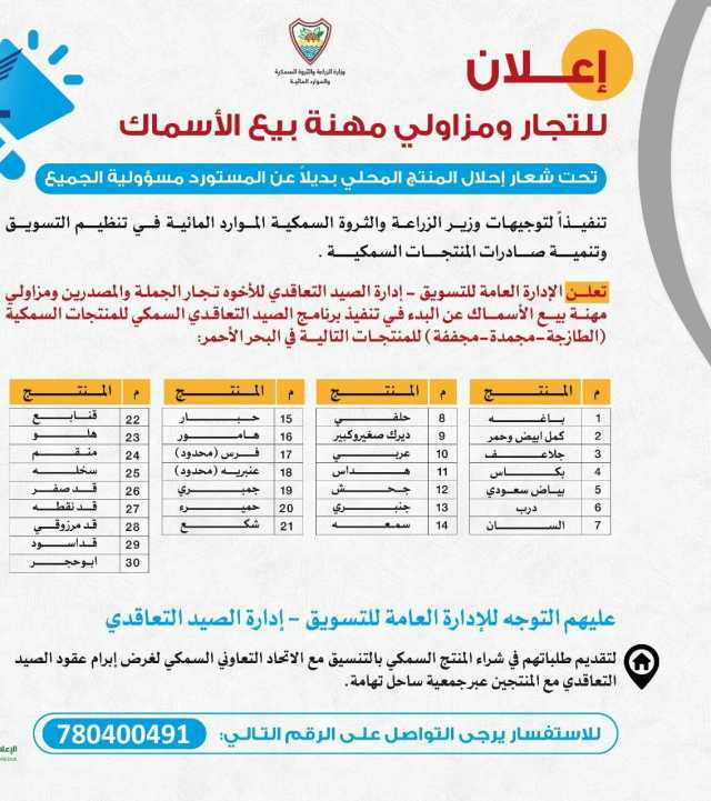 الثروة السمكية تعلن بدء تنفيذ برنامج الصيد التعاقدي السمكي