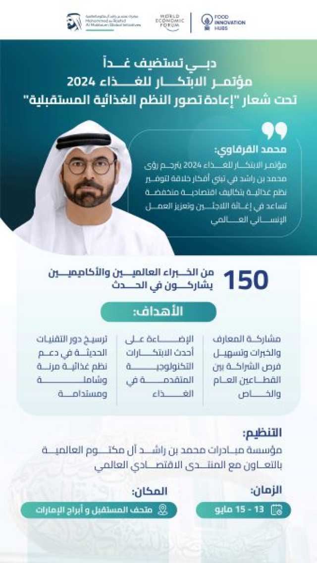 دبي تستضيف غداً مؤتمر الابتكار للغذاء 2024 تحت شعار “إعادة تصور النظم الغذائية المستقبلية”