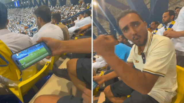 مشجع في مدرجات النصر يتفاعل مع أهداف الأهلي .. فيديو