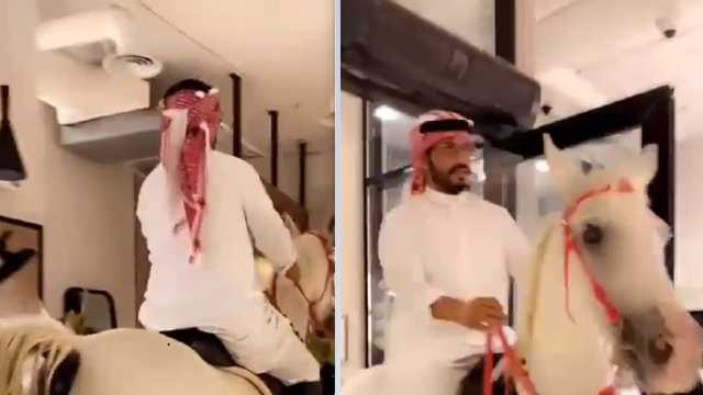 شاب يقتحم مقهى بحصانه احتفالاً باليوم الوطني..فيديو