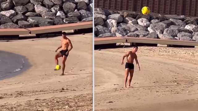 كريستيانو رونالدو يلعب الكرة على الشاطيء في دبي..فيديو