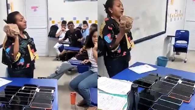 معلمة تهدد طلابها بتكسير هواتفهم .. فيديو