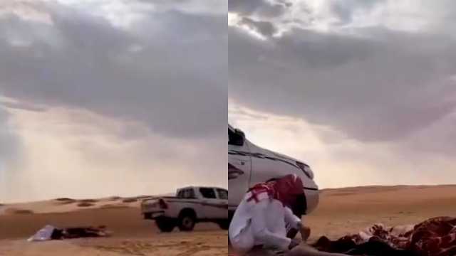 شاب يمازح صديقه ويربط قدمه بالسيارة وهو نائم ويسير به بالصحراء .. فيديو