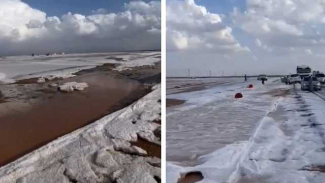 الثلوج تكسو بردية مفرق صخبيرة في المدينة المنورة.. فيديو