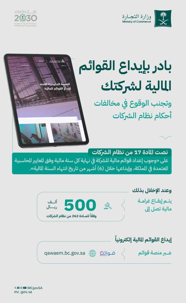 'التجارة' تدعو الشركات لإعداد وإيداع قوائمها المالية إلكترونياً