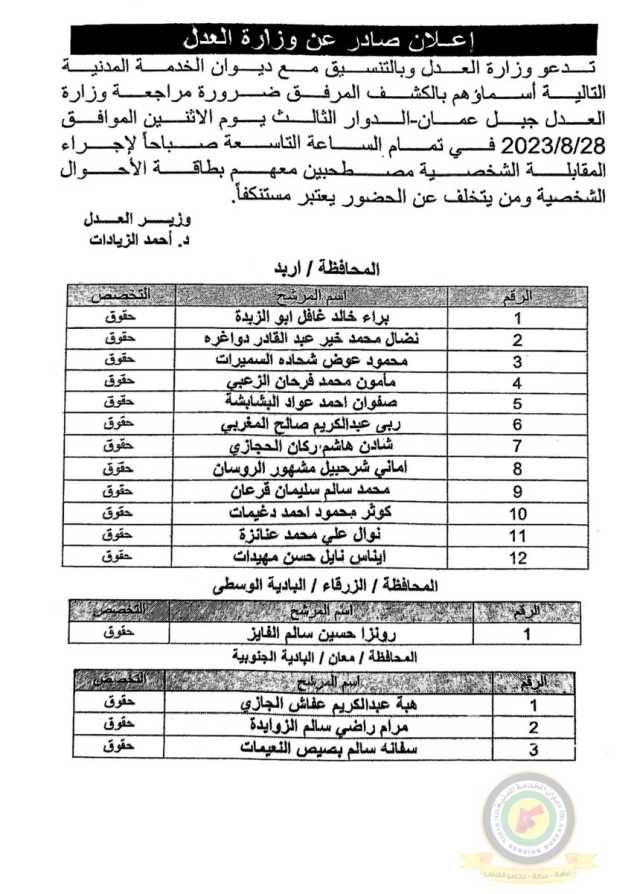 اعلان مقابلة شخصية يوم الاثنين الموافق 28-8-2023 في تمام الساعة التاسعة صباحا صادرعن وزارة العدل