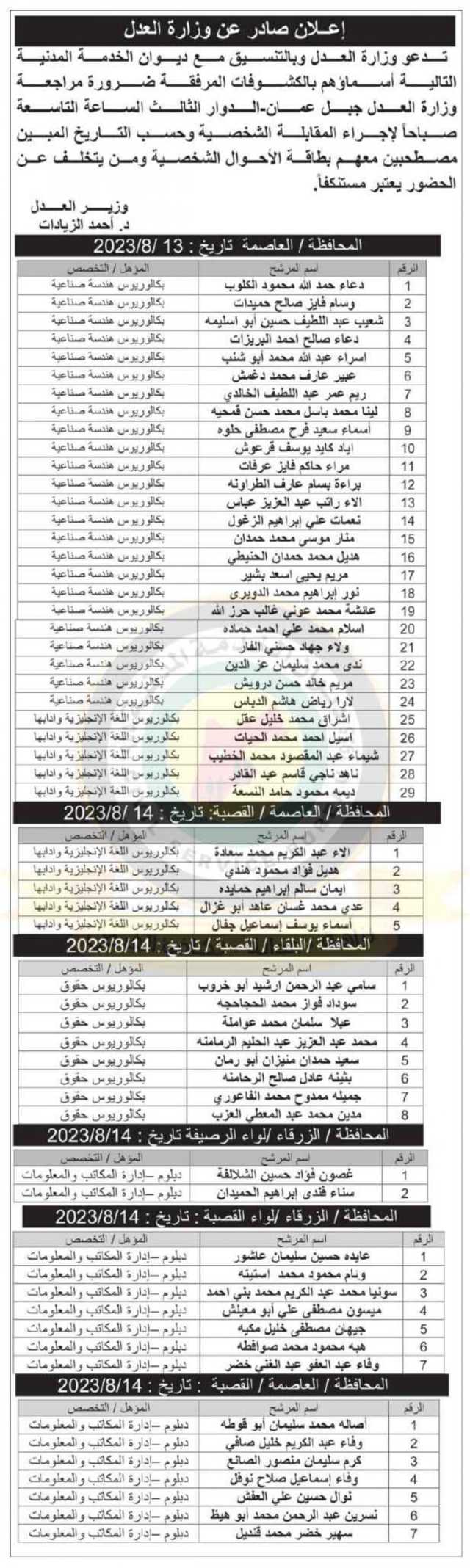 اعلان مقابلات شخصية صادر عن وزارة العدل