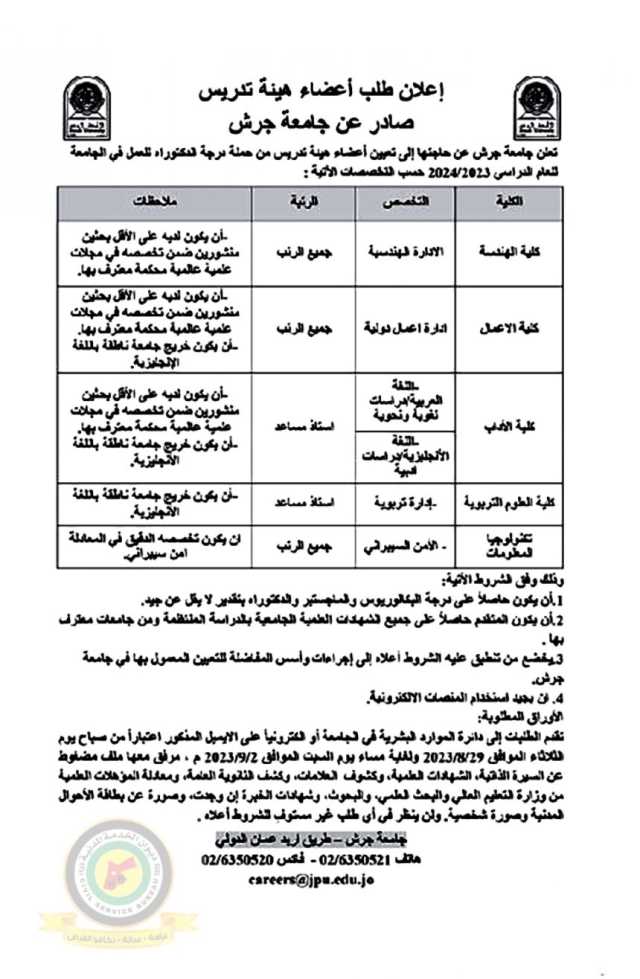 اعلان تعيين اعضاء هيئة تدريسية صادرعن جامعة جرش