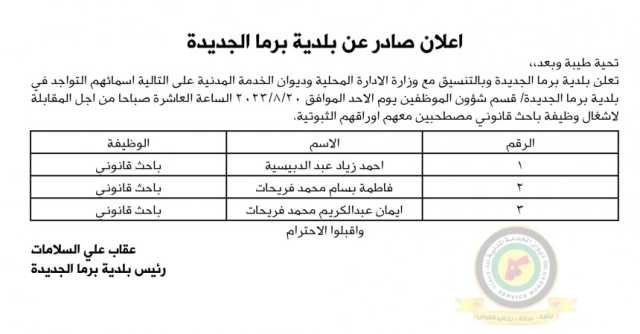 اعلان مقابلة شخصية يوم الأحد الموافق 20-8-2023 في تمام الساعة العاشرة صباحا صادرعن بلدية برما الجديدة