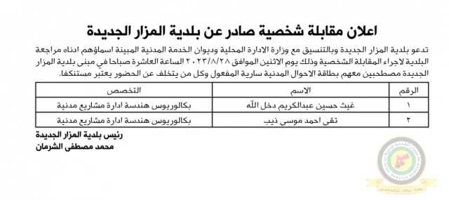 اعلان مقابلة شخصية يوم الاثنين الموافق 28-8-2023 في تمام الساعة العاشرة صباحا صادرعن بلدية المزار الجديدة