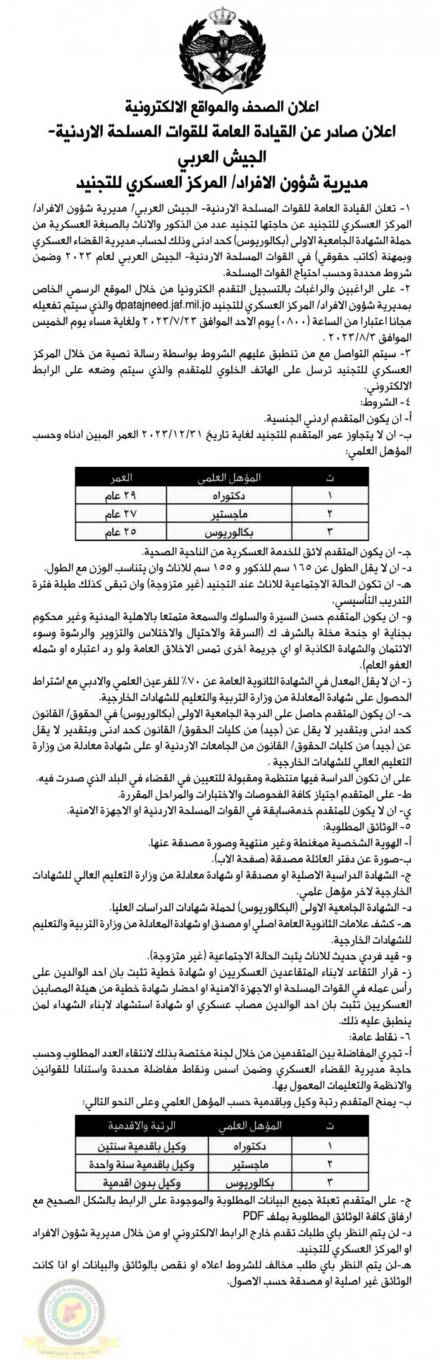 اعلان عن تجنيد عدد من الذكور والإناث صادر عن القيادة العامة للقوات المسلحة الأردنية/ الجيش العربي مديرية شؤون الأفراد/المركز العسكري للتجنيد