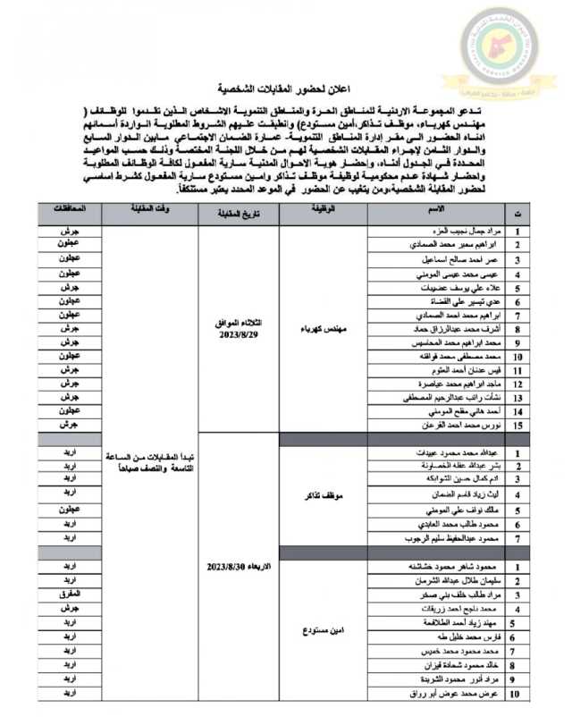 اعلان مقابلة شخصية تبدأ المقابلات من الساعة التاسعة والنصف صباحا صادر عن المجموعة الاردنية للمناطق الحرة والمناطق التنموية